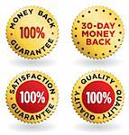 Vector illustration of four stylish labels / seals / signs in gold and red for retail: 100% Money Back Guarantee, 30-Day Money Back, 100% Satisfaction Guarantee, A Hundred Percent  Quality.