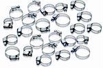 Metal hose clamps of different sizes on white background