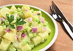 Potato salad with green and red onions and cucumber with a mayonnaise-cream dressing garnished with a parsley leaf (Selective Focus, Focus on the front of the salad)