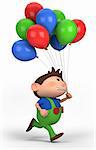 brown-haired boy running with balloons; high quality 3d illustration