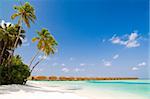 unspoilt beach on an maldivian island with water bungalows in the distance