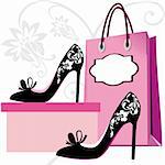 Silhouettes of women shoes and shopping bag with floral ornaments