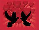 Vector illustration of dove silhouettes with red hearts background