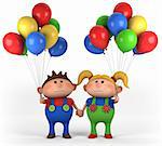 cute boy and girl with balloons holding hands; high quality 3d illustration
