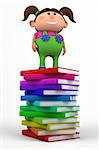 cute little girl standing on top of a stack of books - high quality 3d illustration