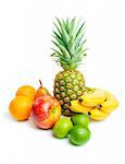 Arrangement of various fresh ripe fruits: pineapple, bananas, oranges, pear, apple and limes  isolated on white background