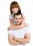 young couple loving each other on white background