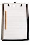 Pencil on the left of note pad on a white background