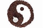 Brown and white symbol made of coffee beans on a white background