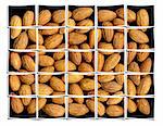 almonds on black background collage composition of multiple images over white