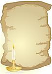 Burning wax candle in a candlestick and an old parchment, on which you can place your text.