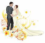 Bride and groom looking into each others eyes dancing abstract floral background