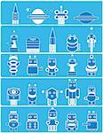 Many cute blue robots with planets and spaceship. Cartoon.