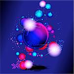 Abstract banner with shiny rising bubbles, on a dark purple background. Graphics are grouped and in several layers for easy editing. The file can be scaled to any size.