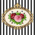 Classical black & gold victorian frame with rose bouquet, space for your text. Vintage rose bouquet illustration on black white background.