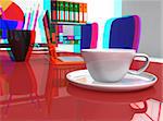 3D stereoscopic office desk with orange laptop and coffee