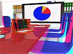 3D conference room with desk, chairs and laptops
