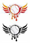 grungy baseball with fire wings and drops, vector