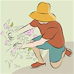 An image of a man pruning flower garden line drawing.