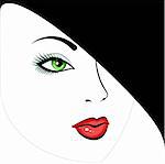 face green-eyed beautiful girl in a black hat