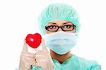 Cardiologist holding heart, isolated on white