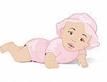 A baby girl lying on her stomach with a pink top on. Vector Illustration.