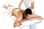 Man receiving massage relax treatment from female hands