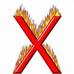 3d letter X on fire isolated in white