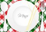 Menu Card Design - Red and Green Gingham Texture With Plate, Cutlery and Pasta