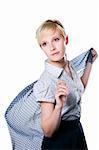 Portrait of romantic blonde girl wearing white blouse and dark blue easy scarf fluttering on wind waiting her dream and looking afar on isolated white background