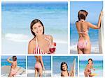 Collage of an attractive brunette woman enjoying the moment on a beach