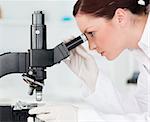 Attractive red-haired scientist looking through a microscope in a lab