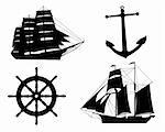 silhouettes of sailboats,  anchors  and steering wheel on a white background