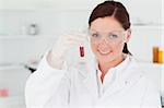 Gorgeous scientist looking at the camera while holding a  test tube in a lab