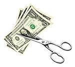 scissors that cut dollars banknotes on a white background