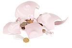 Broken piggy savings bank against a white background