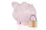 Pink piggy bank and padlock against a white background.