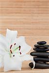 White hibiscus and a black pebbles stack against a bamboo background