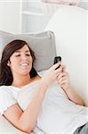 Charming brunette female writing a text on her mobile while lying on a sofa in the living room