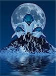 This image shows 3 generated dolphins with moon and mountain