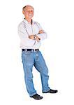 Happy old man posing with arms crossed isolated on white background..