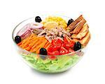 Tuna fish salad with fresh vegetables isolated on white background