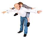 Grandfather giving grandson piggy-back against white background.