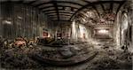 panorama of an abandoned theater with a destroyed ceiling, hdr processing