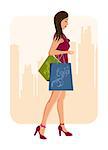 Illustration girl with shopping bags, urban background - vector