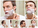 Collage of a handsome man shaving