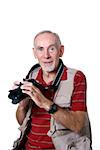 Active senior man with large camera and wearing photographer's vest. Isolated on white.