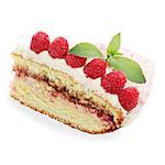 sponge cake  with the raspberries, against the white background
