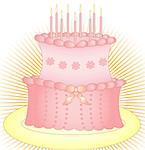 tall festive  pink cake with candles