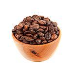 coffee beans in a wooden platter isolated on a white background